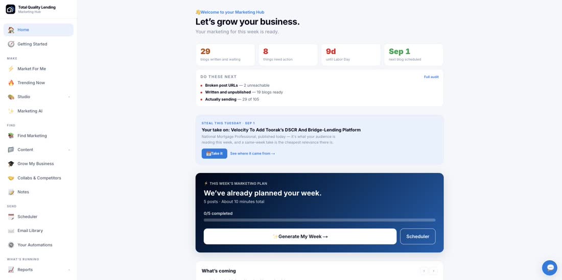 The Hub dashboard — your week already planned